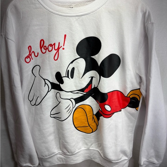 Disney Tops - Large White Disney "Oh Boy" Mickey Mouse Graphic Crew Neck Sweatshirt Super Cute